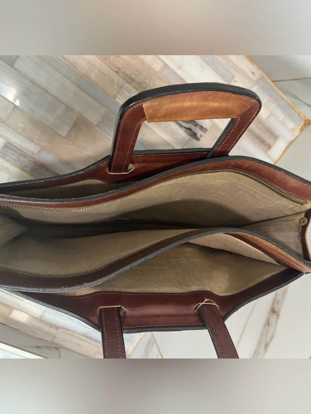 Rare vintage Oleg Cassini leather briefcase two tone leather drop handles zip